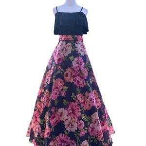 Eliza J Size 4 Navy & Floral Formal Dress – Elegant A-Line Gown